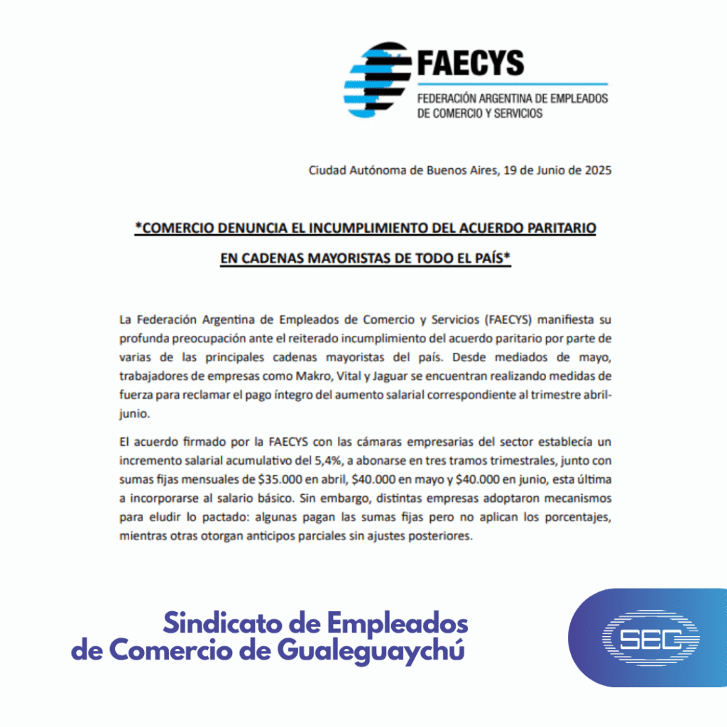Comercio denuncia el incumplimiento del acuerdo paritario en cadenas mayoristas de todo el país