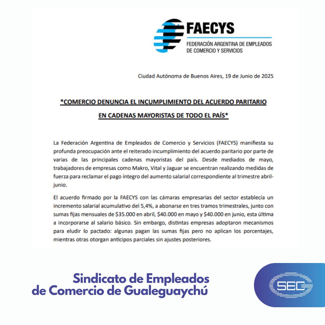 Comercio denuncia el incumplimiento del acuerdo paritario en cadenas mayoristas de todo el país
